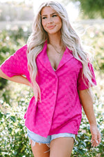 Load image into Gallery viewer, Bright Pink Lapel Neck Checkered Textured Short Sleeve Shirt - Fashion Queen -  4
