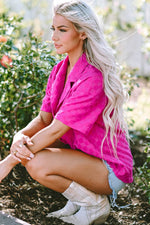 Load image into Gallery viewer, Bright Pink Lapel Neck Checkered Textured Short Sleeve Shirt - Fashion Queen -  5
