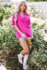 Load image into Gallery viewer, Bright Pink Lapel Neck Checkered Textured Short Sleeve Shirt - Fashion Queen -  6
