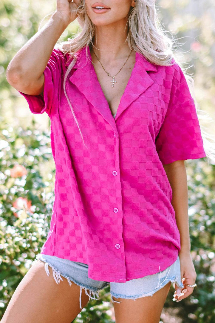 Bright Pink Lapel Neck Checkered Textured Short Sleeve Shirt - Fashion Queen -  7