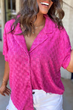 Load image into Gallery viewer, Bright Pink Lapel Neck Checkered Textured Short Sleeve Shirt - Fashion Queen -  8
