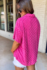 Load image into Gallery viewer, Bright Pink Lapel Neck Checkered Textured Short Sleeve Shirt - Fashion Queen -  9

