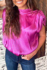 Bright Pink Ruched Sleeves Knotted Backless Blouse - Fashion Queen -  1
