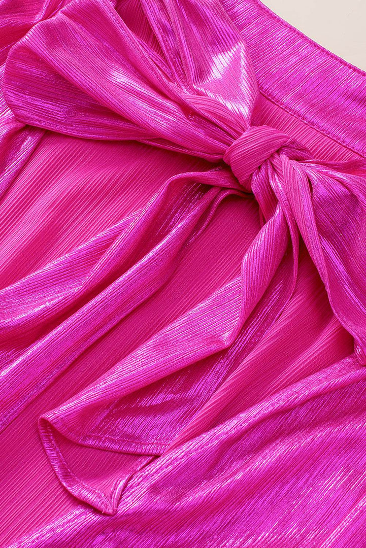 Bright Pink Ruched Sleeves Knotted Backless Blouse - Fashion Queen -  14
