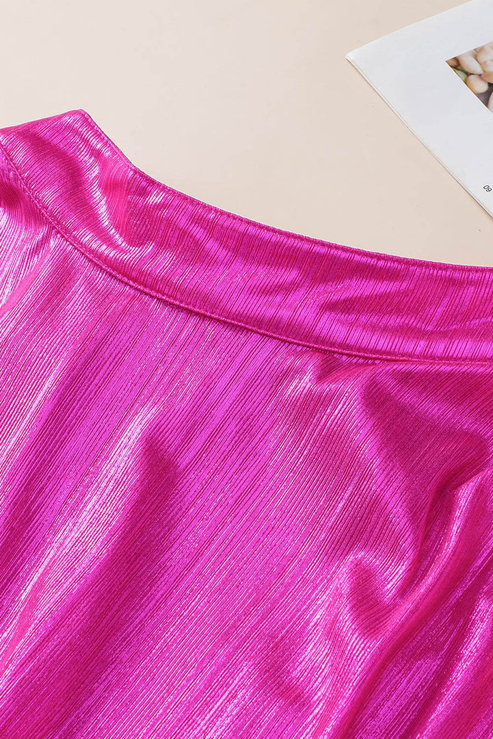 Bright Pink Ruched Sleeves Knotted Backless Blouse - Fashion Queen -  17