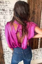 Load image into Gallery viewer, Bright Pink Ruched Sleeves Knotted Backless Blouse - Fashion Queen -  2
