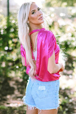 Load image into Gallery viewer, Bright Pink Ruched Sleeves Knotted Backless Blouse - Fashion Queen -  5
