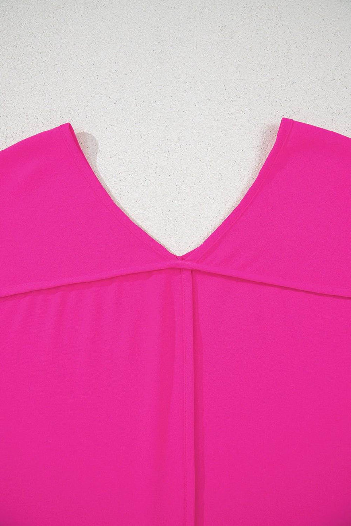 Bright Pink Seamed Back High Low Hem V Neck Cuffed Sleeve Plus Size Tee - Fashion Queen -  11