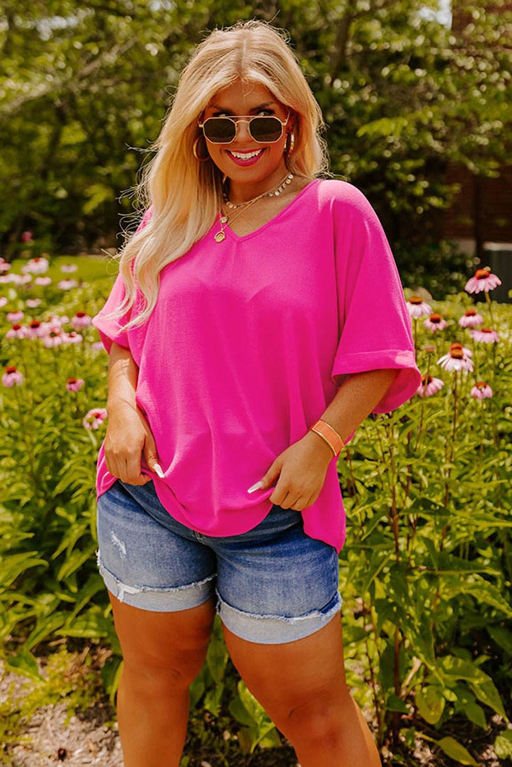 Bright Pink Seamed Back High Low Hem V Neck Cuffed Sleeve Plus Size Tee - Fashion Queen -  3