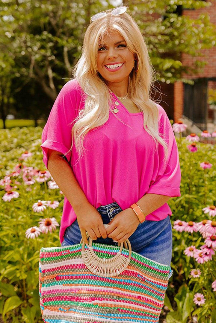 Bright Pink Seamed Back High Low Hem V Neck Cuffed Sleeve Plus Size Tee - Fashion Queen -  4