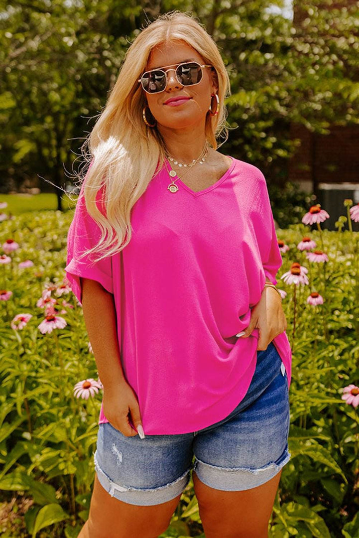 Bright Pink Seamed Back High Low Hem V Neck Cuffed Sleeve Plus Size Tee - Fashion Queen -  6
