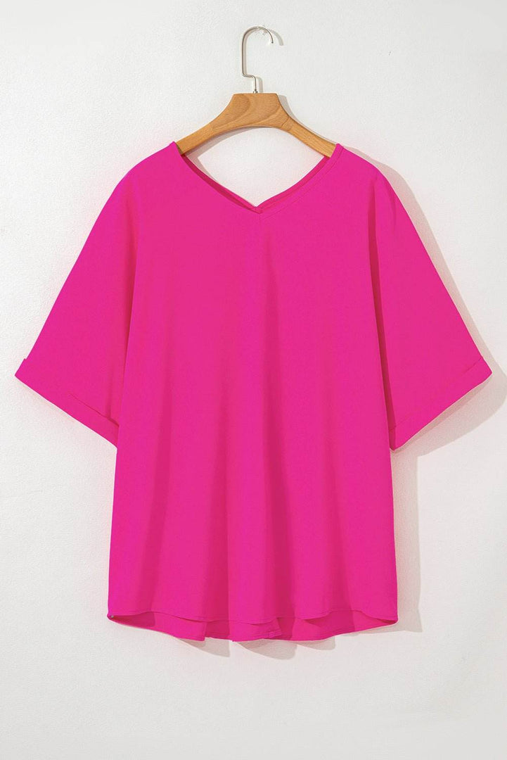 Bright Pink Seamed Back High Low Hem V Neck Cuffed Sleeve Plus Size Tee - Fashion Queen -  7