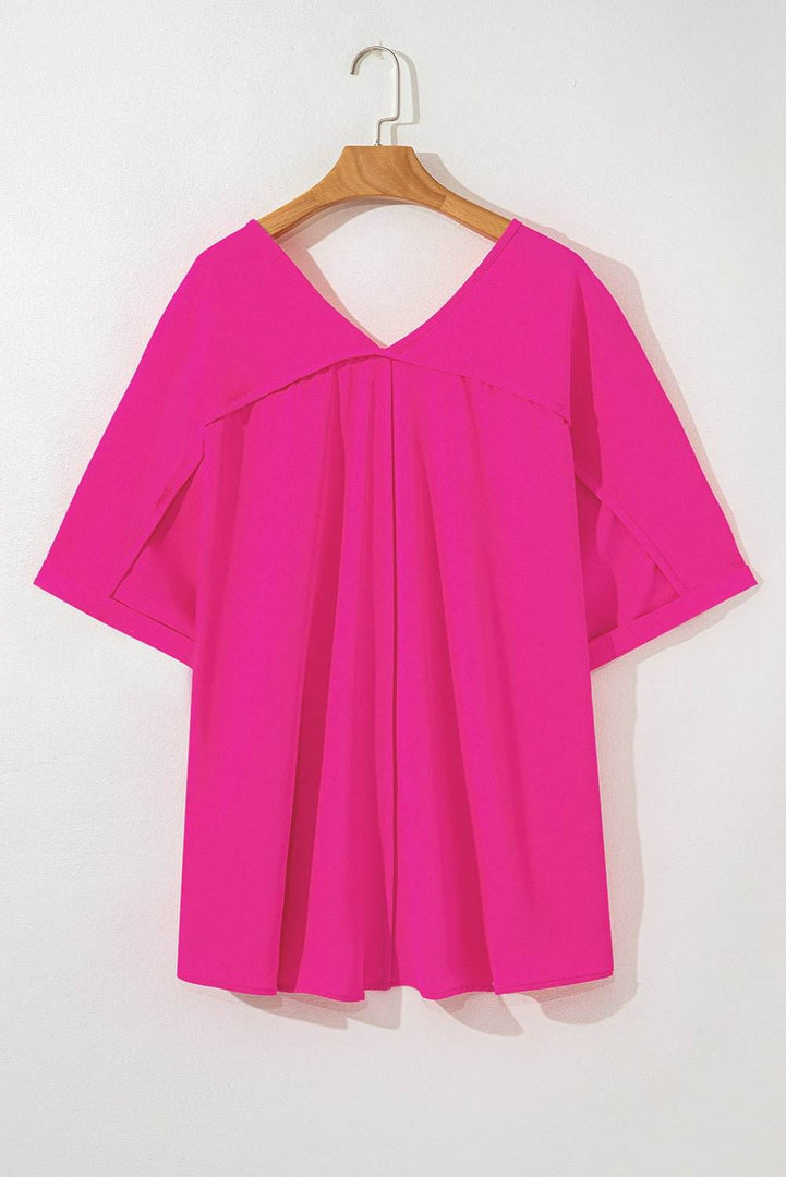Bright Pink Seamed Back High Low Hem V Neck Cuffed Sleeve Plus Size Tee - Fashion Queen -  8