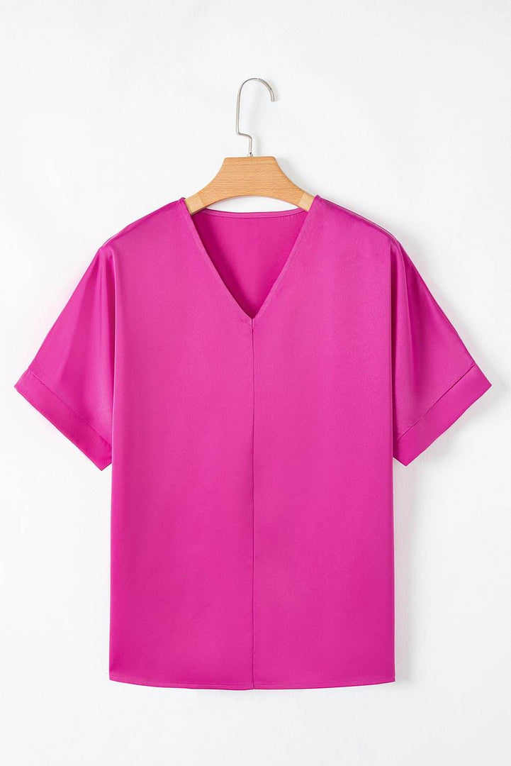 Bright Pink Silky V Neck Dolman Blouse - Fashion Queen -  3