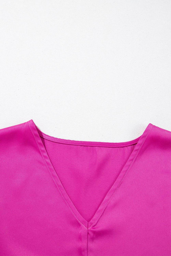 Bright Pink Silky V Neck Dolman Blouse - Fashion Queen -  5