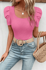 Load image into Gallery viewer, Bright Pink Waffle Knit Ruched Puff Sleeve Top - Fashion Queen -  1
