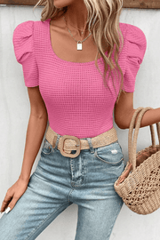 Bright Pink Waffle Knit Ruched Puff Sleeve Top - Fashion Queen -  1