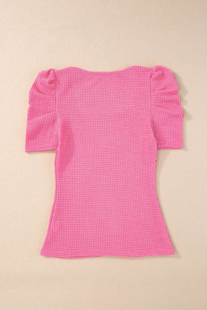 Bright Pink Waffle Knit Ruched Puff Sleeve Top - Fashion Queen -  10