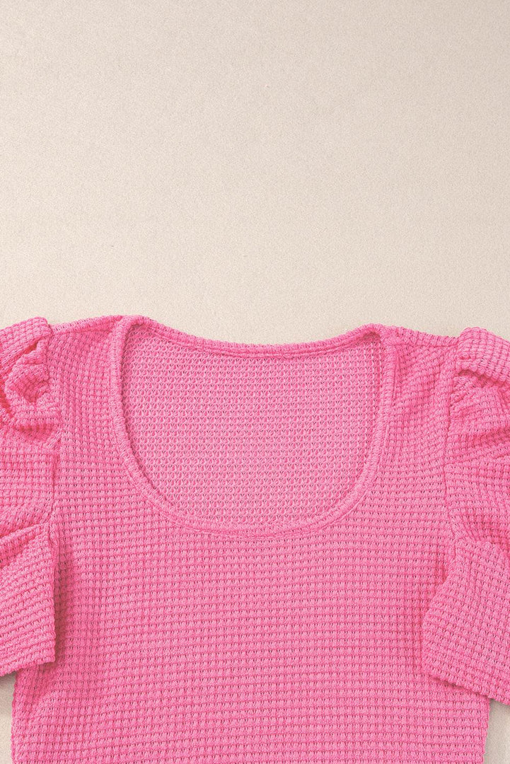 Bright Pink Waffle Knit Ruched Puff Sleeve Top - Fashion Queen -  11