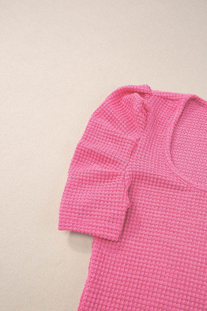 Bright Pink Waffle Knit Ruched Puff Sleeve Top - Fashion Queen -  13