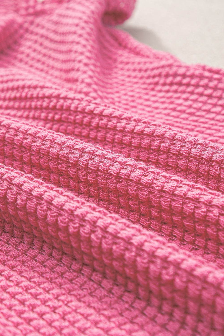 Bright Pink Waffle Knit Ruched Puff Sleeve Top - Fashion Queen -  14