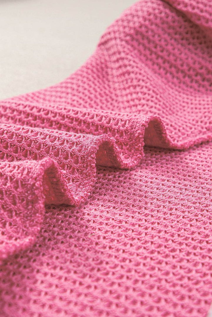 Bright Pink Waffle Knit Ruched Puff Sleeve Top - Fashion Queen -  15