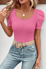 Load image into Gallery viewer, Bright Pink Waffle Knit Ruched Puff Sleeve Top - Fashion Queen -  2
