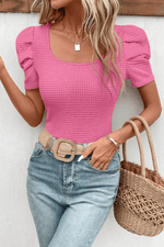 Load image into Gallery viewer, Bright Pink Waffle Knit Ruched Puff Sleeve Top - Fashion Queen -  3
