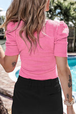 Load image into Gallery viewer, Bright Pink Waffle Knit Ruched Puff Sleeve Top - Fashion Queen -  5
