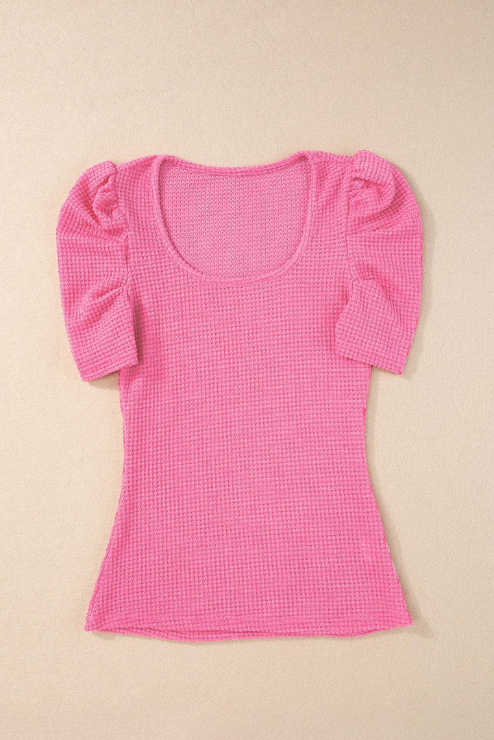 Bright Pink Waffle Knit Ruched Puff Sleeve Top - Fashion Queen -  9