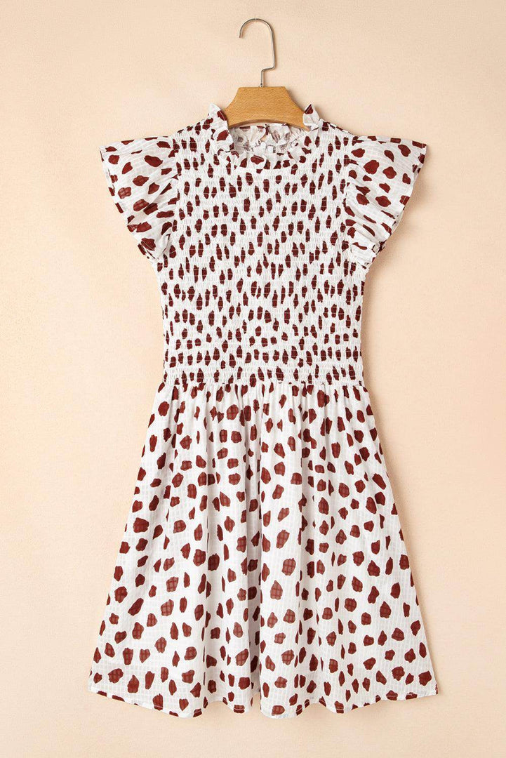 Brown Abstract Printed Flutter Sleeve Smocked Bodice Short Dress - Fashion Queen -  13