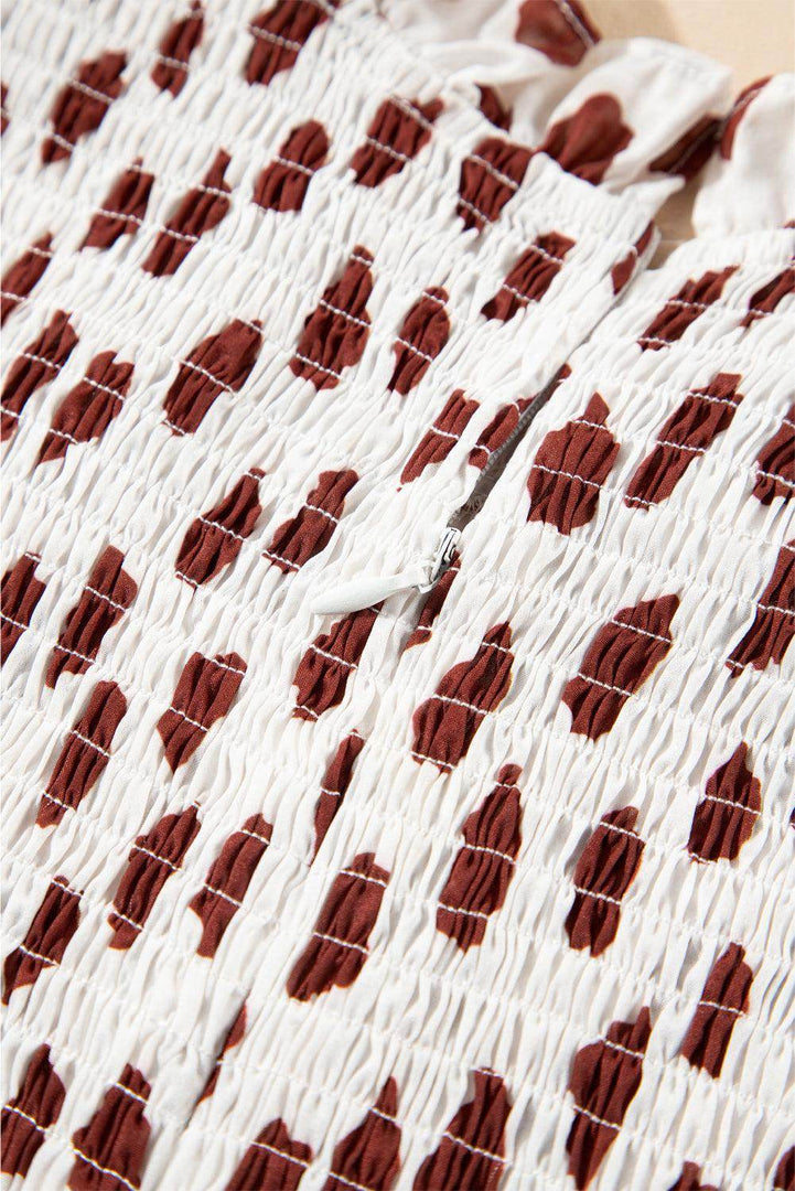 Brown Abstract Printed Flutter Sleeve Smocked Bodice Short Dress - Fashion Queen -  15