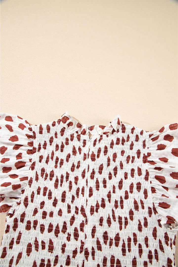 Brown Abstract Printed Flutter Sleeve Smocked Bodice Short Dress - Fashion Queen -  16