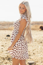 Load image into Gallery viewer, Brown Abstract Printed Flutter Sleeve Smocked Bodice Short Dress - Fashion Queen -  3
