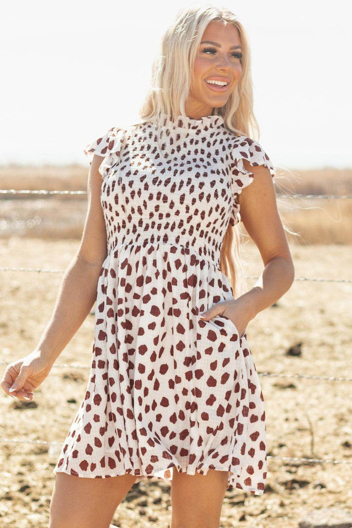 Brown Abstract Printed Flutter Sleeve Smocked Bodice Short Dress - Fashion Queen -  5