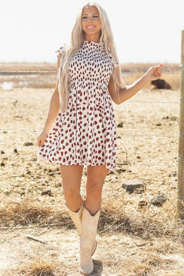 Brown Abstract Printed Flutter Sleeve Smocked Bodice Short Dress - Fashion Queen -  7
