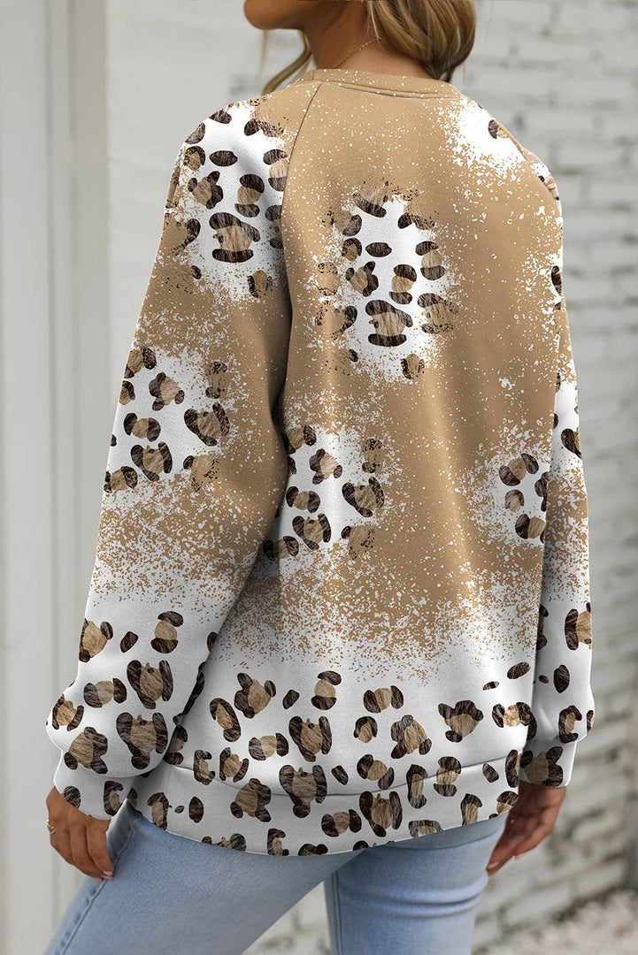 Brown Cheetah Print Round Neck Raglan Sleeve Sweatshirt - Fashion Queen -  2