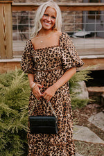 Load image into Gallery viewer, Brown Leopard Print Bubble Sleeve Square Neck Maxi Dress - Fashion Queen -  10
