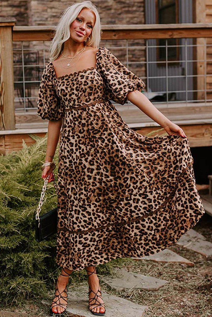 Brown Leopard Print Bubble Sleeve Square Neck Maxi Dress - Fashion Queen -  11