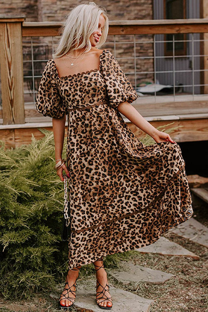 Brown Leopard Print Bubble Sleeve Square Neck Maxi Dress - Fashion Queen -  13