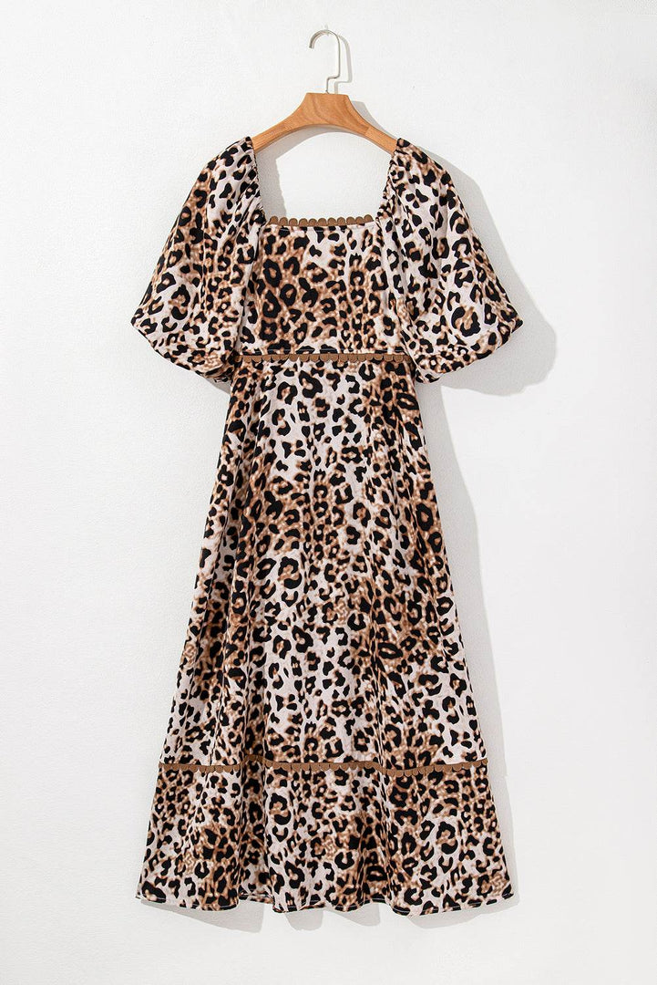 Brown Leopard Print Bubble Sleeve Square Neck Maxi Dress - Fashion Queen -  14