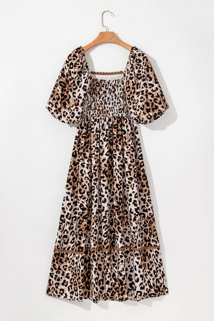 Brown Leopard Print Bubble Sleeve Square Neck Maxi Dress - Fashion Queen -  15