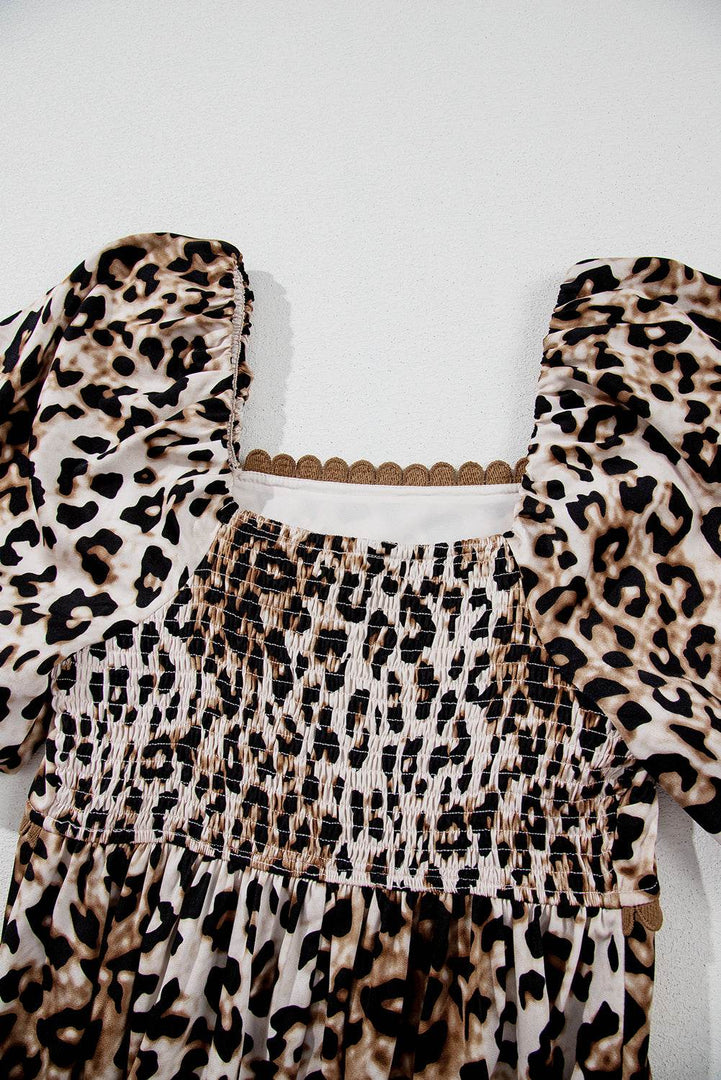 Brown Leopard Print Bubble Sleeve Square Neck Maxi Dress - Fashion Queen -  16