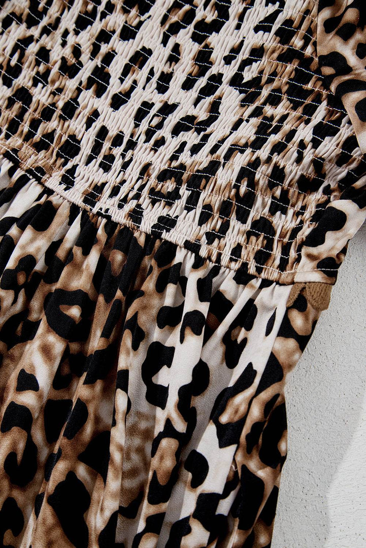 Brown Leopard Print Bubble Sleeve Square Neck Maxi Dress - Fashion Queen -  17