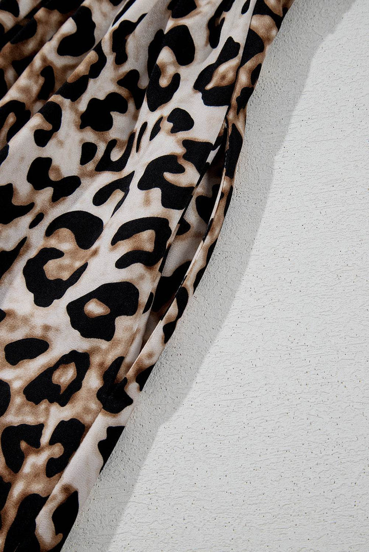 Brown Leopard Print Bubble Sleeve Square Neck Maxi Dress - Fashion Queen -  19