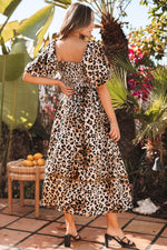 Load image into Gallery viewer, Brown Leopard Print Bubble Sleeve Square Neck Maxi Dress - Fashion Queen -  2
