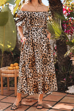 Load image into Gallery viewer, Brown Leopard Print Bubble Sleeve Square Neck Maxi Dress - Fashion Queen -  5
