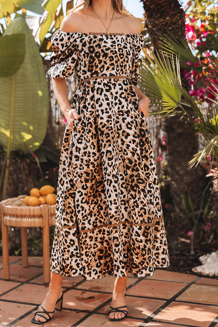 Brown Leopard Print Bubble Sleeve Square Neck Maxi Dress - Fashion Queen -  5