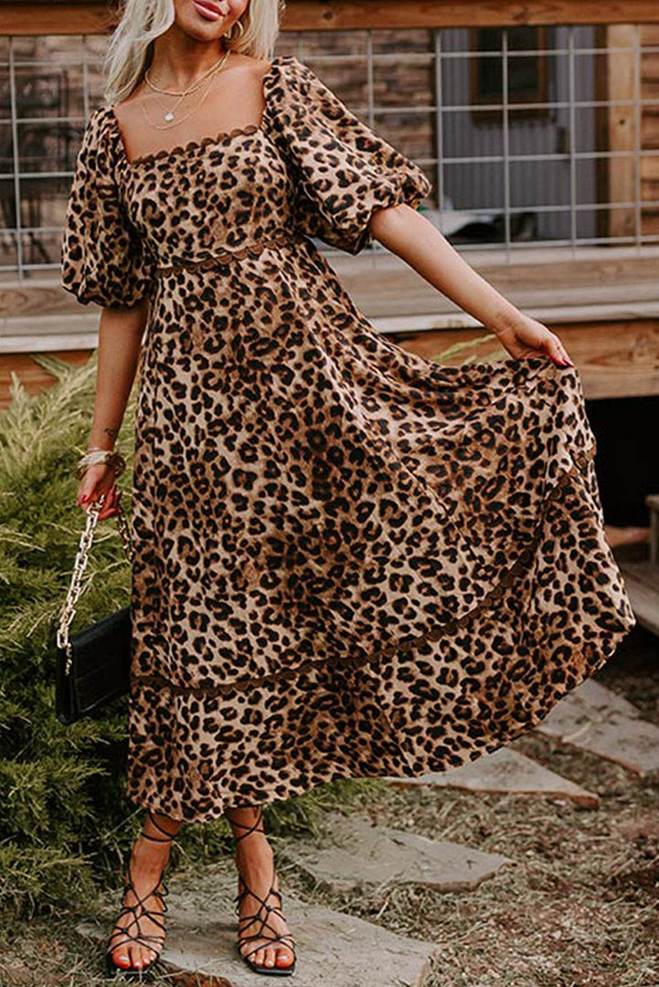 Brown Leopard Print Bubble Sleeve Square Neck Maxi Dress - Fashion Queen -  7