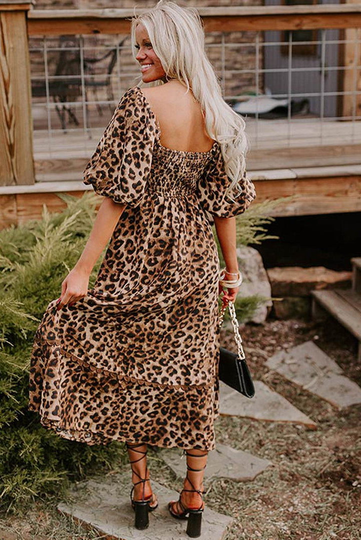 Brown Leopard Print Bubble Sleeve Square Neck Maxi Dress - Fashion Queen -  8